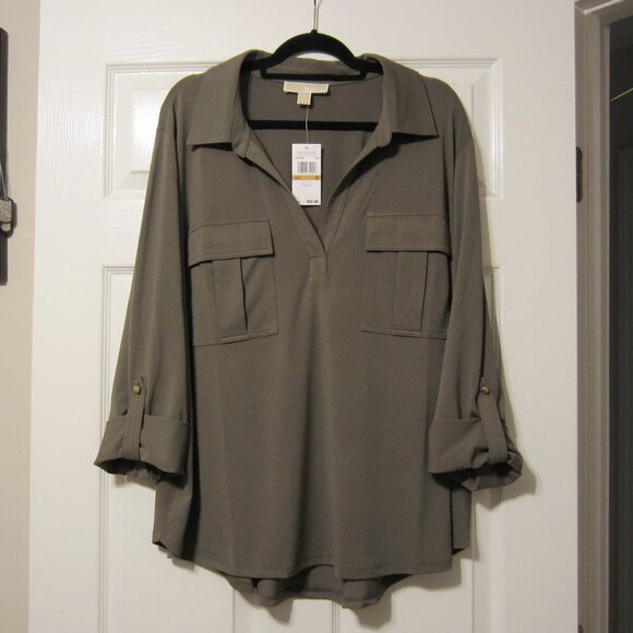 Michael Kors Plus Size Blouse Size 3X | NWT $98 | Olive Green Top w Gold Buttons - Picture 1 of 5